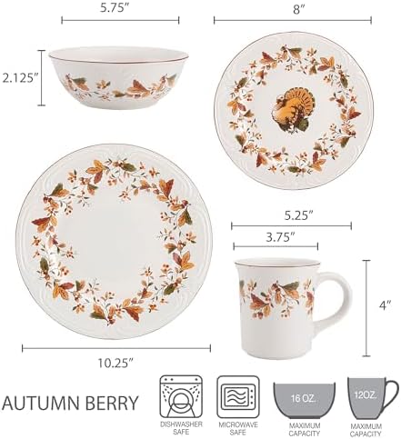 Pfaltzgraff Autumn Berry 16 Piece Dinnerware Set, Service for 4, Multi Colored