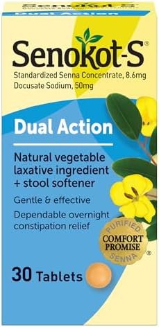 Senokot-S Dual Action 60 Tablets, Natural Vegetable Laxative Ingredient Plus Stool Softener Tablets, Gentle Dependable Overnight Relief of Occasional constipation White