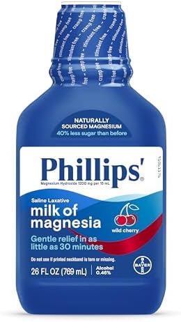 Phillips’ Milk of Magnesia Liquid Laxative, Wild Cherry Flavor, Stimulant Free, Cramp Free Relief of Occasional Constipation*, Effective in 30 minutes - 6 hours, #1 Milk of Magnesia Brand, 26 oz