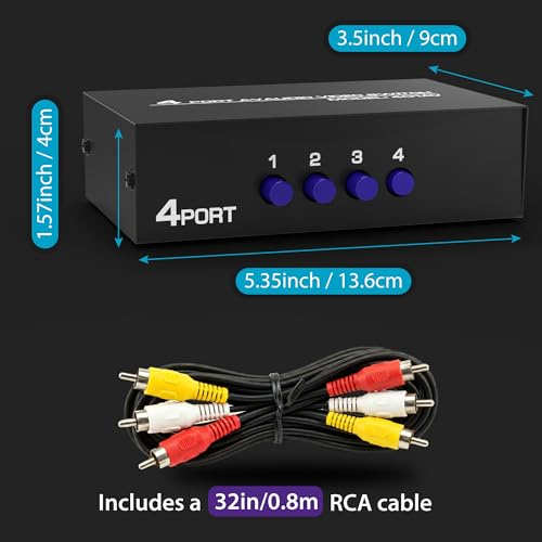 Fosmon 4-Way RCA Splitter AV Switcher 4 in 1 Out Audio Video Selector Box | 4 in 1 out female 4-way RCA composite AV switcher selector switch box with cable for HDTV STB DVD retro game consoles.
