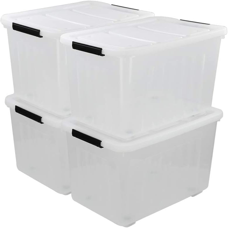 Clear Plastic Storage Bins with Wheels, 4-Pack Latch Boxes, 30 L