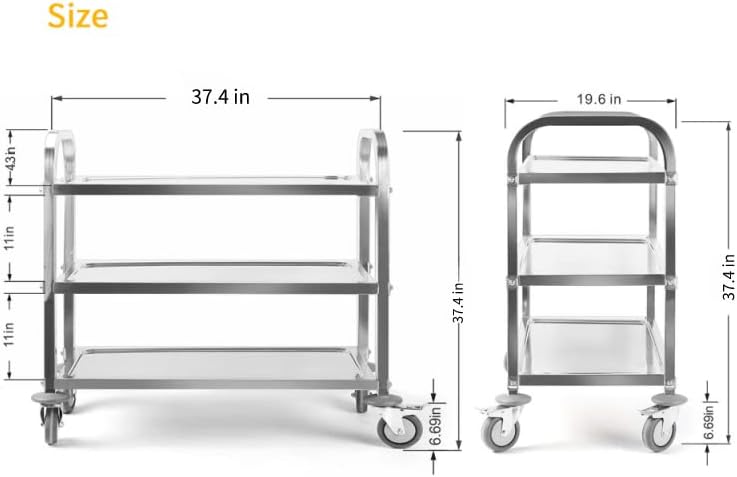 Nisorpa 3 Tier Kitchen Rolling Cart, Stainless Steel, L30 x W16 x H33 Inch