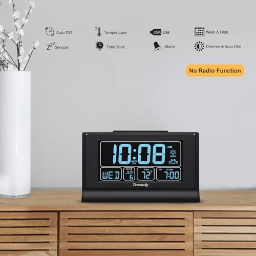 DreamSky Alarm Clocks for Bedrooms with Battery Backup, Auto Set | Digital Clock with Date & Day of Week, 5 Inch Large Display, Weekday, Temperature, USB Port, Auto DST, Brightness Dimmer