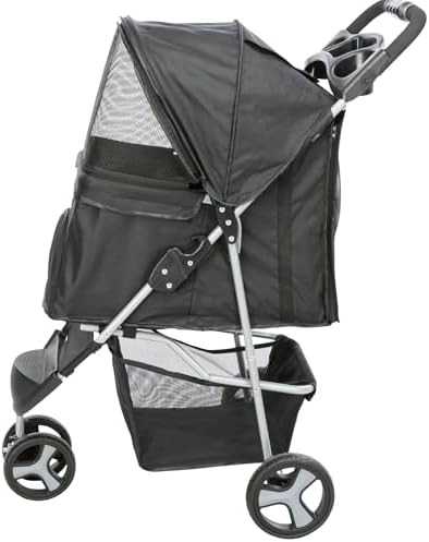 TRIXIE Foldable Pet Stroller for Cats and Dogs, Pet Carrier Strolling Cart with Weather Cover, Storage Basket, Cup Holder, Black | Lightweight, Compact and Portable, Easy to Travel