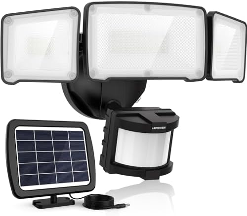LEPOWER Solar LED Security Lights, PIR Motion Sensor Outdoor, 1600LM, Yard | 5500K Daylight, 72FT180° Motion Sensor Flood Light, 3 Adjustable Head, Easy Install, IP65 Waterproof for Porch, Patio, Garage