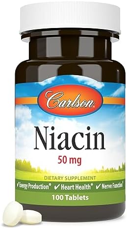 Carlson Niacin, 50 mg, Cholesterol Metabolism, Nerve Function, 300 Tablets | Energy Production
