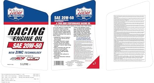 Lucas Oil SAE 20W-50 Racing Engine Oil, 5 Quart (Pack of 1)