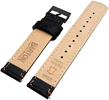 BARTON Quick Release Leather Black Buckle Watch Band Strap - Choose Color - 16mm, 18mm, 20mm, 22mm or 24mm - Black/Orange Stitching 22mm
