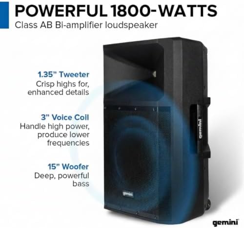 Gemini 15" Bluetooth PA Speaker, 1800 Watts, 3-Ch Mixer (GSP-2200)