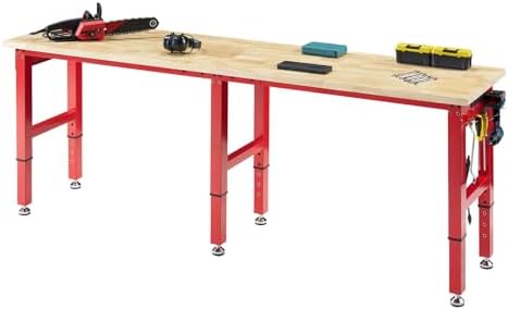Albott 44 x 20-Inch Adjustable Workbench | 2000 Lbs Capacity, Solid Rubber Wood Top, Power Outlets and Hooks, for Garage, Workshop and Home Office, Black
