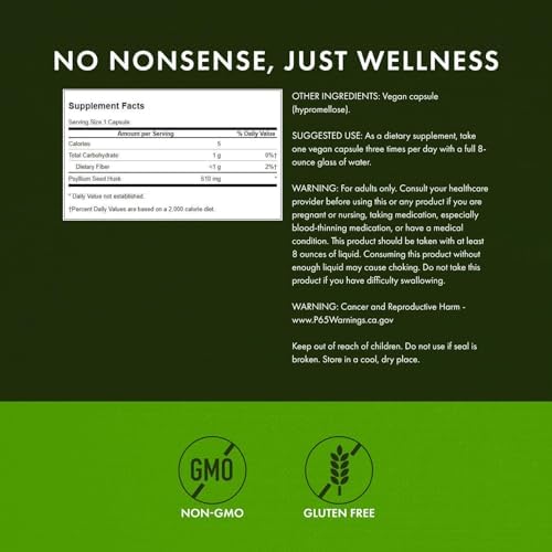Swanson Psyllium Husk Dietary Fiber Supplement, 610 mg, 300 Capsules | Promotes Overall Health and Easier Elimination, Supports a Feeling of Fullness and Satiation, Plant-Based Dietary Fiber
