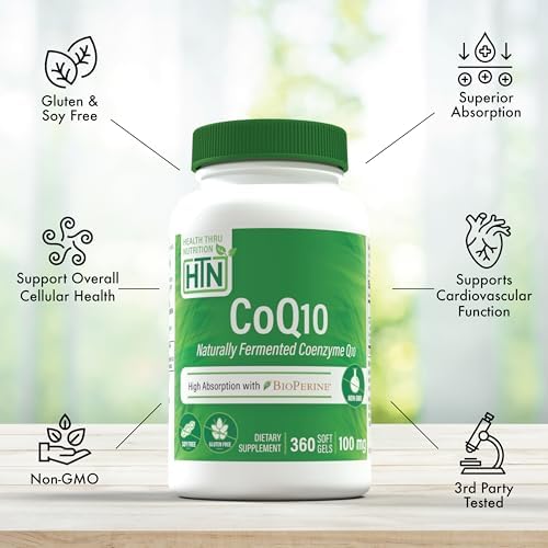 Health Thru Nutrition CoQ-10 100mg with BioPerine 120 Softgels | High Absorption Naturally Fermented USP Grade Coenzyme Q10 Supplement | 3rd Party Tested | Heart Health and Energy Support | High Absorption Naturally Fermented USP Grade Coenzyme Q10 Suppl…