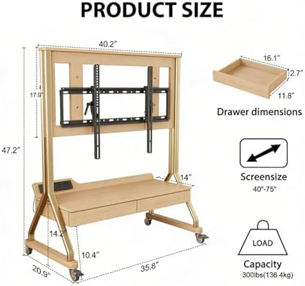 AnywaysWood TV Cart Rolling TV Stand with Wheels for Most 40-75" TVs up to 300lbs Height Adjustable, Tilting, Tall Heavy Duty TV Stand with 2 Drawers Power Strip, for Living Room