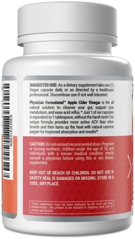 100% Organic Apple Cider Vinegar Capsules 750mg in just 1 Pill Pure Raw Apple Cider Vinegar with Cayenne Pepper for Natural