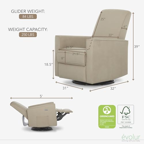 évolur Harlow Upholstered Power Glider Recliner with USB Charging – Rocking & 275° Swivel with Smooth Glide – Greenguard Gold & FSC