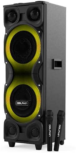 Dolphin Bluetooth Party Speaker with 2 Wireless Mics, Dual 12" Woofers | 120W Output, X-BASS, MDF Wood Cabinet, LED Infinity Lights, USB/TF/FM/AUX