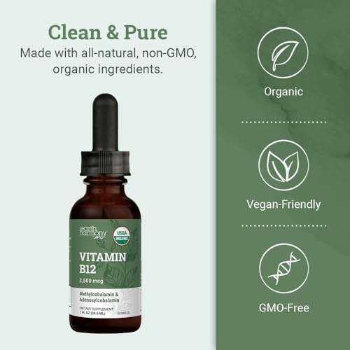 Earth Harmony Naturals Organic Vegan Vitamin B12 Sublingual Liquid Supplement - 2500mcg Methylcobalamin Drops for Natural Energy, Metabolism Health and Immune System Support - 1 Fl Oz
