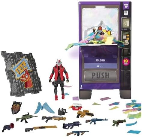 Fortnite Vending Machine, Features 4 Inch X-Lord Action Figure, Includes 9 Weapons, 4 Back Bling, and 4 Building Material Pieces
