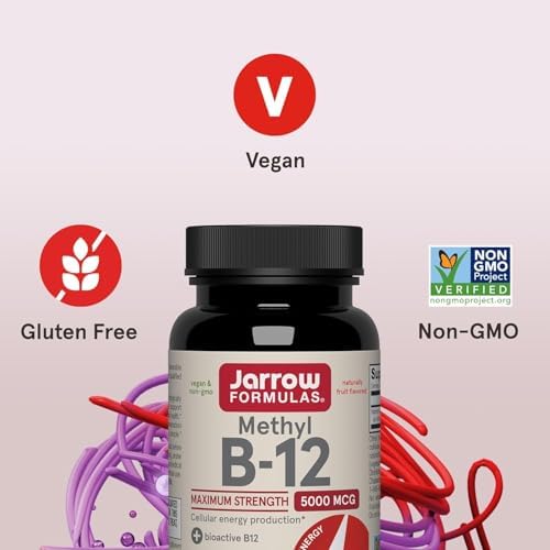 Jarrow Formulas Methyl Vitamin B12 5000 mcg - 60 Chewable Tablets, Naturally Fruit Flavored- Bioactive B12 Vitamin - Supports Cellular Energy Production, Brain Health & Metabolism - 60 Servings | Fruit Flavored, Bioactive B12 Vitamin, Supports Cellular E…