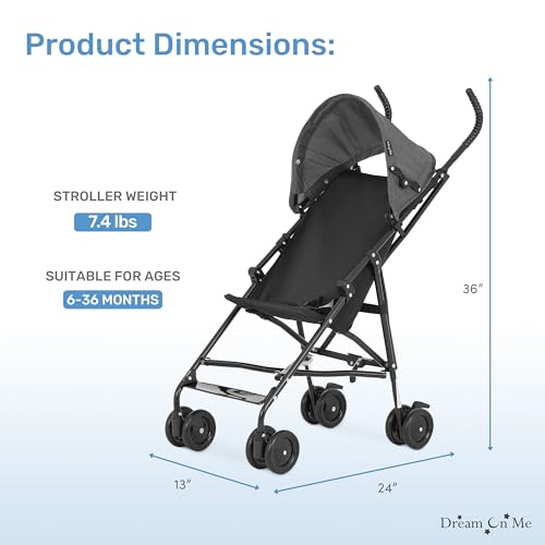 Dream On Me Aero Travel Umbrella Stroller, 1-Hand Fold, Lightweight, Black | 3 Point Safety Harness, Dual Brakes, Adjustable Removable Canopy, Sturdy Steel Frame, Compact, For Toddlers 6-36 months
