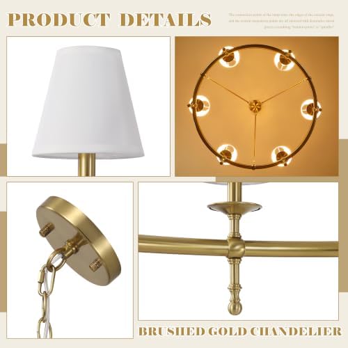 Klgxnrd 6-Light Brushed Gold Wagon Wheel Chandelier with White Fabric Shade | Diameter 34", 5-Layer Electroplated Metal, Height Adjustable 29" To 106"