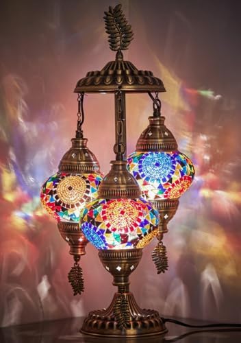 DEMMEX 3-Globe Turkish Moroccan Table Lamp, Tiffany Mosaic Glass Bedside Night Light, Handmade Colorful Mosaic Glass Globes & Antique Brass Finish Base, 21" H, Multicolor