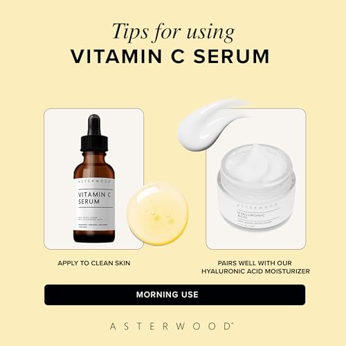 Asterwood Vitamin C Serum for Face with Hyaluronic Acid 1 Fl Oz | Stable Vitamin C (MAP) & Vegan Hyaluronic Acid, Supports More Even Complexion & Collagen Production, Fragrance-Free