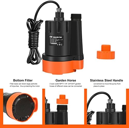 1/3 HP Submersible Water Pump, 2500GPH Utility Pump | Portable Electric Clean Water Drainage Pump for Pool Draining, Flooding