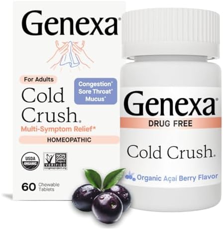 Genexa Cold Crush, Drug Free & Made Clean, 60 Chewable Tablets for Adults | Dye Free, 0% Artificial Additives, Non-GMO, Gluten Free, Homeopathic Cough, Cold, Sore Throat Relief, Acai Berry Flavor