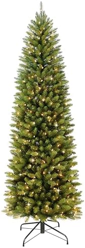 Puleo International 7.5ft Pre-Lit Fraser Fir Pencil Christmas Tree with 350 Clear Lights, 1188 Realistic Dense Branch Tips, Easy Setup Artificial Trees with Sturdy Metal Stand