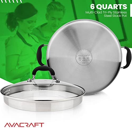AVACRAFT 6 Quart Stainless Steel Stock Pot with Glass Strainer Lid | 5-Layer Capsule Base, Tempered Glass Strainer Lid, Drip-Free Pour Spouts, Induction Compatible, Dishwasher Safe