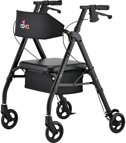 NOVA Star 6 Foldable Rollator Walker for Seniors, Wide Padded Backrest with Seat, 6” All-Terrain Wheels, Easy-Grip Locking Hand Brakes, Height Adjustable, Blue