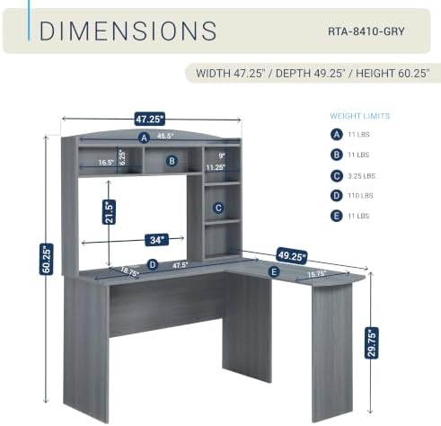Techni Mobili Modern L-Shaped Desk with Hutch, Grey