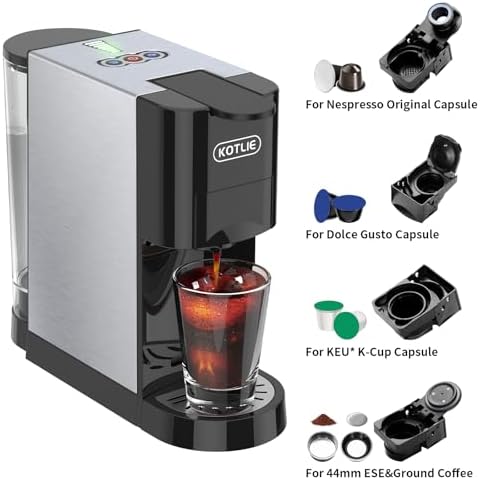 KOTLIE 19Bar Pressure Single Serve Coffee Maker, Multifunctional 5in1 Coffee Machine for NES* Original/Dolce Gusto/K cup/Ground Coffee/illy 44mm ESE