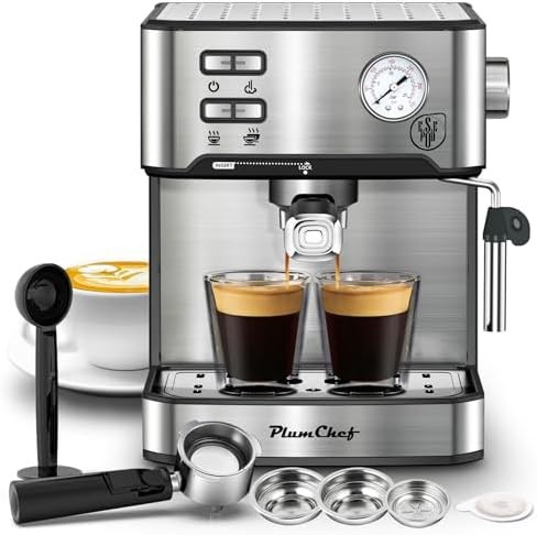 Plum chef Espresso Machine 20 Bar, Household Coffee Maker with Milk Frother Steam Wand, Pressure Gauge, 54oz Large Water Tank, Low Noise Fast Brew for Cappuccino Latte Macchiato Home Office
