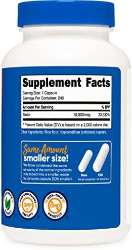 Nutricost Biotin (Vitamin B7) 10,000mcg (10mg), 240 Capsules, Quick Release | Vegetarian, Gluten Free, GMO-Free