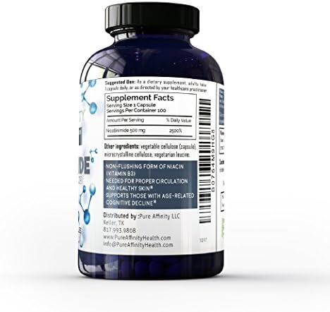 B3 Nicotinamide 500 mg Effective Flush-Free Niacin. Energy Booster, Cell Regenerator, That Supports Cognitive Decline