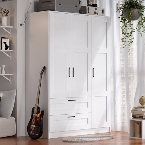 Fenghua Lizhi 3 Doors Wooden Wardrobe Closet Armoire, White Storage Cabinet for Hanging Clothes, Bedroom Large Capacity Freestanding Armoire,Wood Wardrobe Combination with Shelves