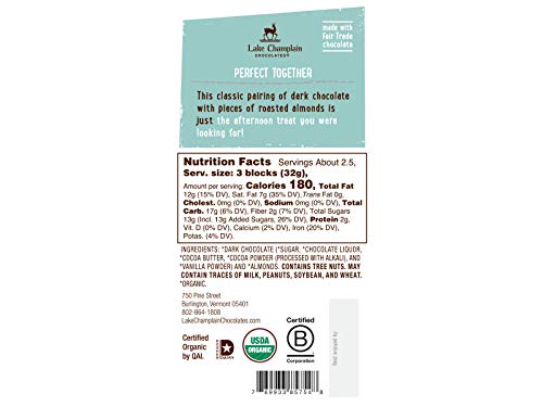 Lake Champlain Organic Dark Chocolate Almonds & Sea Salt Candy Bar, 3 Ounces (12 Pack)