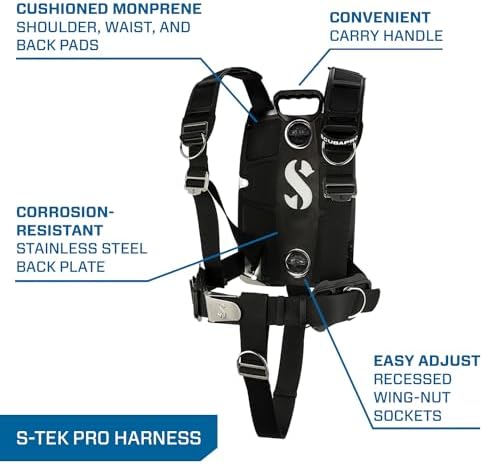 SCUBAPRO S-Tek Pro System for Technical Scuba Diving, Harness with Back Plate in Stainless Steel, Donut Wing 40 lbs/18kg, Includes Black Color Kit
