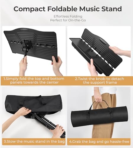 Music Stand, Vangoa Folding Sheet Music Stand with Detachable Microphone Stand & Phone Holder, Portable Lightweight with Music Sheet Clip Holder & Carrying Bag for Instrumental Performance