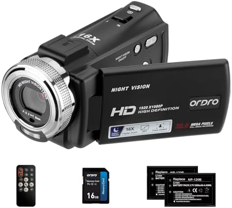 ORDRO V12 1080P Camcorder Night Vision with 16G Card 2 Batteries