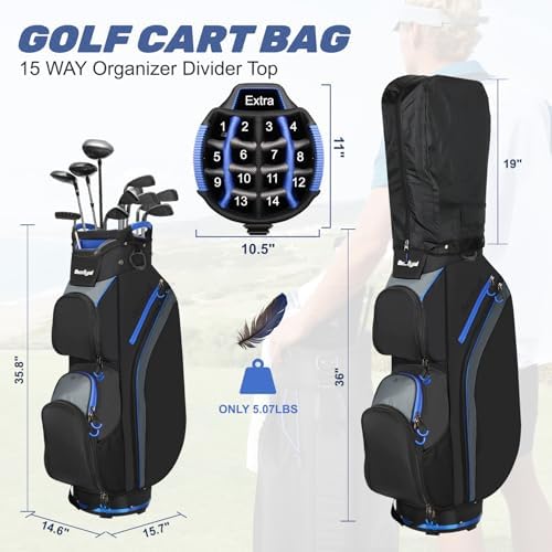 15-Way Golf Cart Bag, Lightweight Golf Club Bag for Men with Cooler | 15 Separate Compartments Easy Club Access Multiple Storage Pockets Cart Strap Channel Beverage Storage and Carry Handles