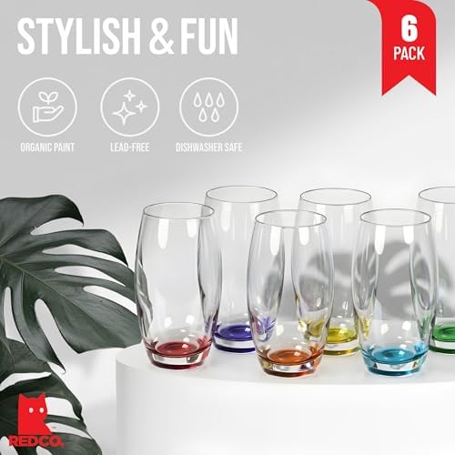 Red Co. Large 16 oz Multicolored Drinking Glass Set of 6 for Water, Beverage, Cocktail, Mixed Drinks