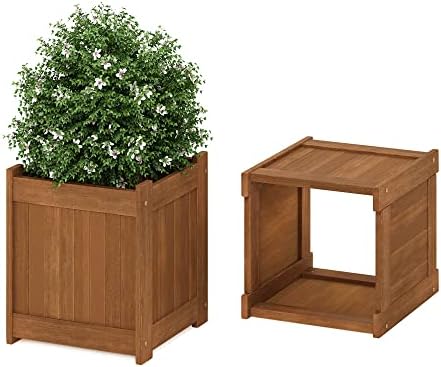 Furinno 2-FG16450 Tioman Hardwood Flower Box, Two-Pack, Natural | 15.4 x 15.4 x 17.7, Flower Box, Garden Box, in Teak Oil, Outdoor Indoor, Garden, Patio, Balcony