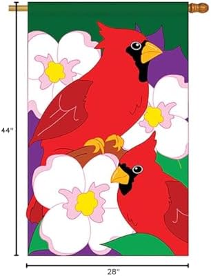 Two Group - Twin Cardinals Garden Friends - Everyday Birds Applique Decorative Vertical House Flag 28" x 44"