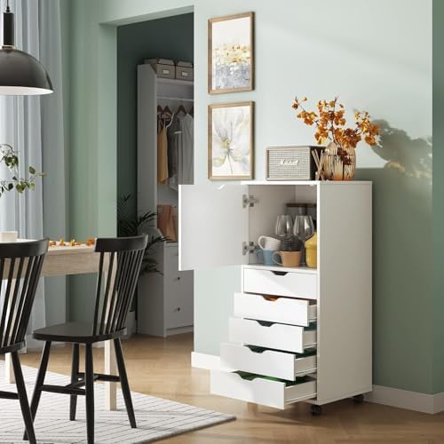 DEVAISE 7-Drawer Office File Cabinets, Mobile Craft Storage Cabinet, White | Wood Drawer Unit, Storage Cabinet, Rolling Cart, Printer Stand, Filing Cabinet with Drawers