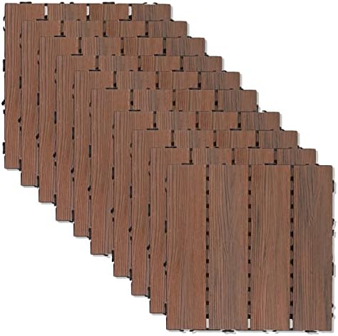 ECOOPTS 12"x12" Interlocking Deck Tiles Patio Floor Tiles Outdoor Flooring Wood Deck Tiles for Porch Balcony Backyard, 9 Slat x 15 Boxes, Brown