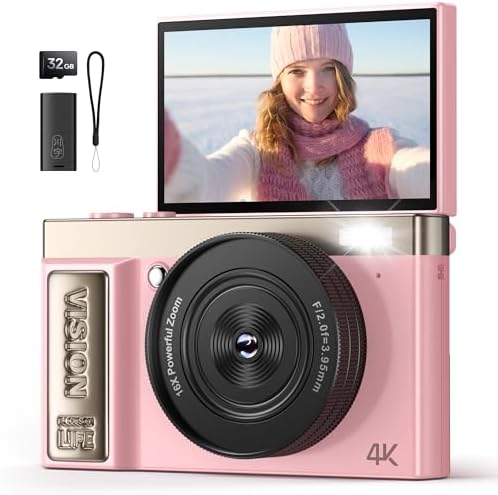 4K Digital Camera Pink for Girls Teens: 64MP Vlogging Camera with Flip Screen - 16X Zoom - Cute Compact Cam for Photography and YouTube –