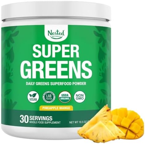 Nested Naturals Super Greens Daily Superfood Powder - Certified USDA Organic Green Powder w/20+ Whole Foods, Spirulina Powder,Wheat & Barley Grass - Probiotics, Fiber & Enzymes - Original Flavour, 30